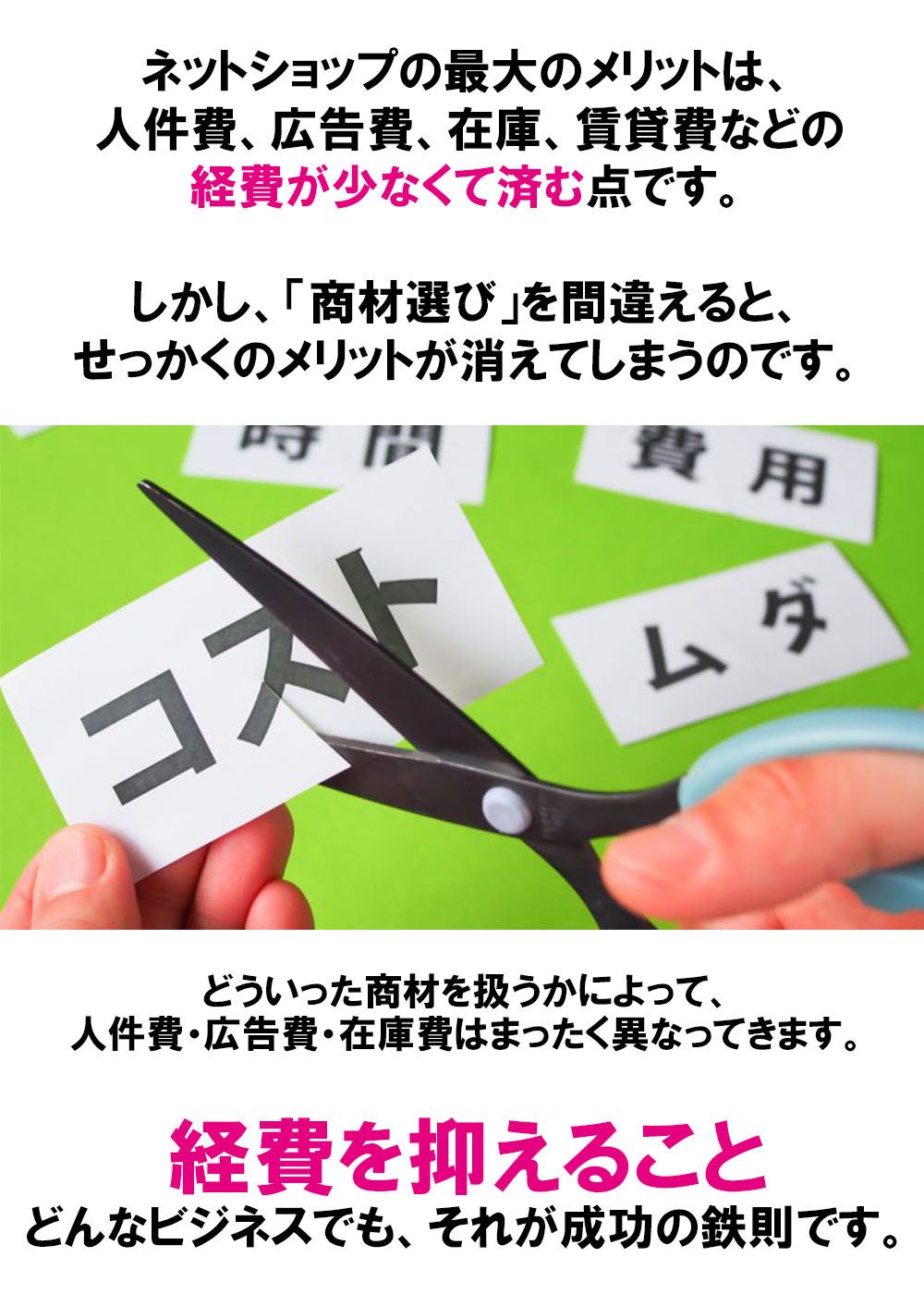 ネットショップの最大のメリットは、人件費、広告費、在庫、賃貸費などの経費が少なくて済む点です。