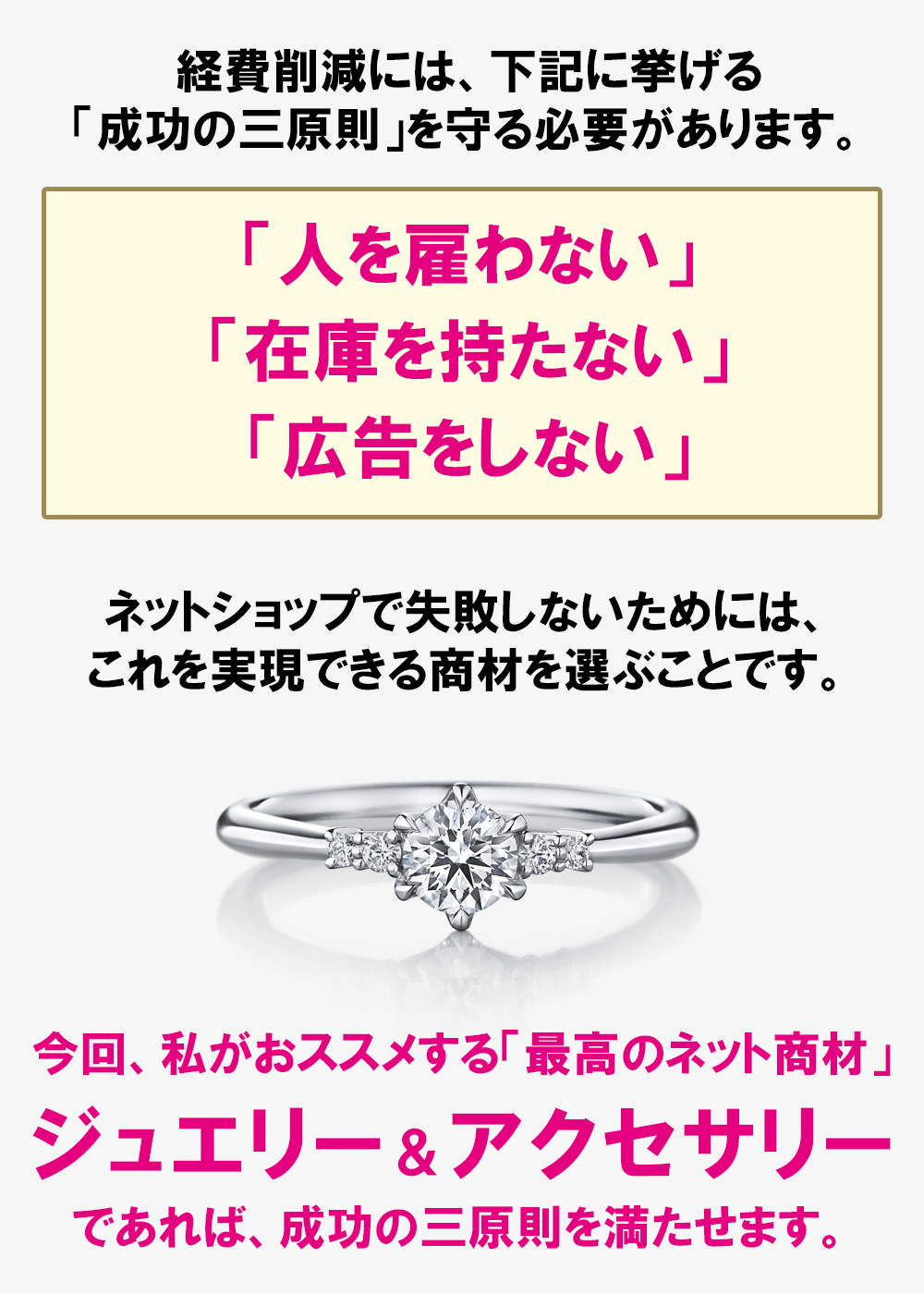 今回、私がおススメする「最高のネット商材」ジュエリー＆アクセサリーであれば、成功の三原則を満たせます。