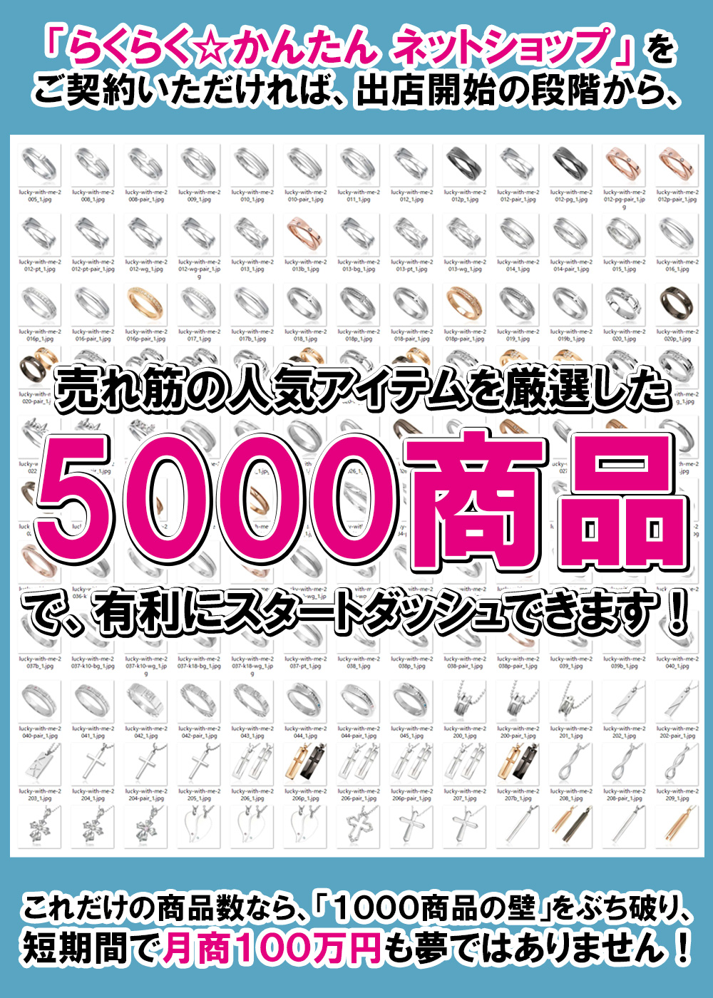 「らくらく☆かんたんネットショップ」をご契約いただければ、出店開始の段階から、売れ筋の人気アイテムを厳選した5000商品で、有利にスタートダッシュできます！